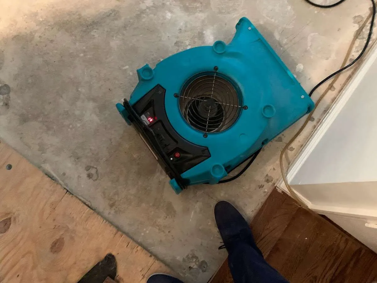 Air mover drying subfloor during Commercial Water Damage Restoration in Athens